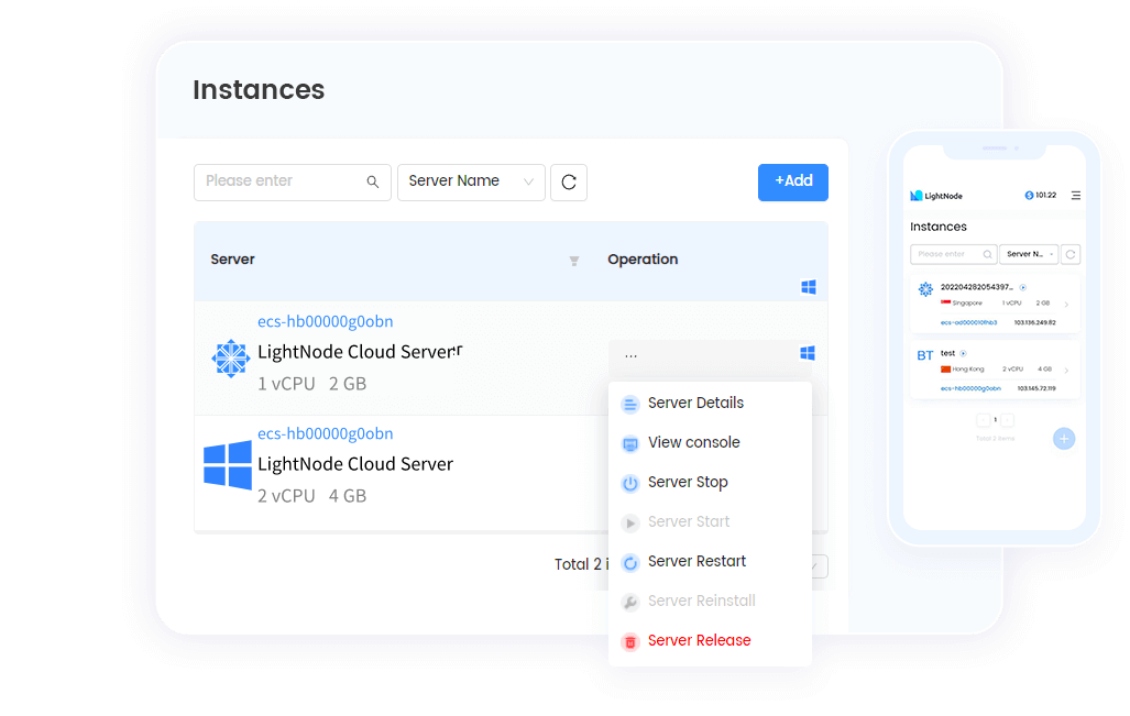 LightNode instances console on desktop and mobile