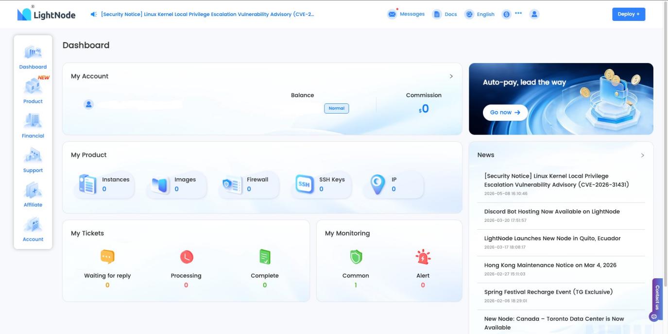 LightNode dashboard with Account navigation item