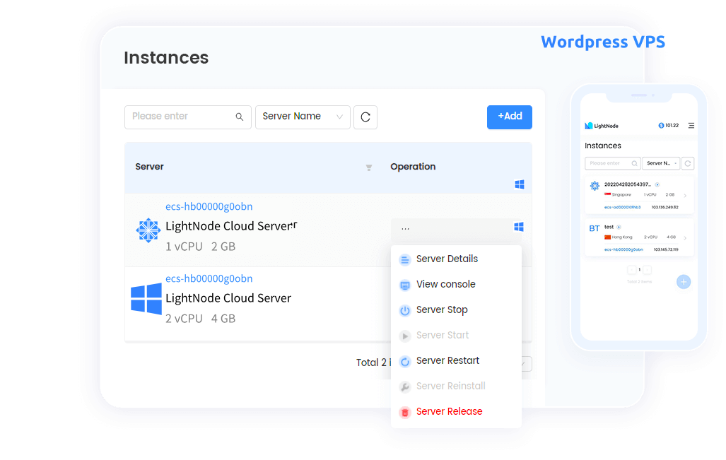 WordPress hosting in the LightNode VPS console